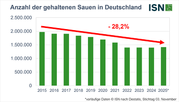 Die Zahl der gehaltenen Sauen in Deutschland hat sich in den letzten 10 Jahren deutlich reduziert - zuletzt wurde allerdings wieder ein leichtes Plus verzeichnet ©ISN nach Destatis