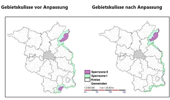 Gebietskulisse der ASP-Sperrzonen in Brandenburg vor (links) und nach Anpassung (rechts) ©Landkreis Oberspreewald-Lausitz/www.osl-online.de