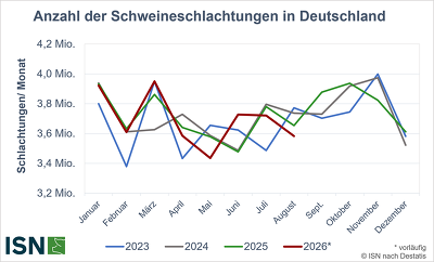 Die Schweineschlachtungen in Deutschland bewegten sich von Januar bis August 2026 leicht unter dem Niveau des Vorjahres ©Eigene Darstellung nach Destatis