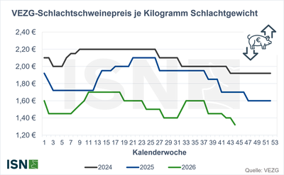 Die VEZG-Notierung für Schlachtschweine liegt mit derzeit 1,32 €/kg SG auf einem extrem niedrigem Niveau ©ISN