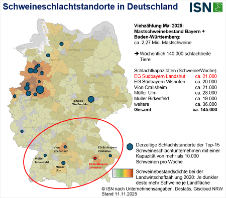 In Bayern und Baden-Württemberg stabilisiert sich, neben dem Nordwesten, ein Veredlungsstandort ©ISN nach Unternehmensangaben, Destatis